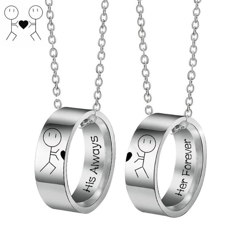 His Always & Her Forever Couple Ring Necklaces - Stick Figure Bond Set
