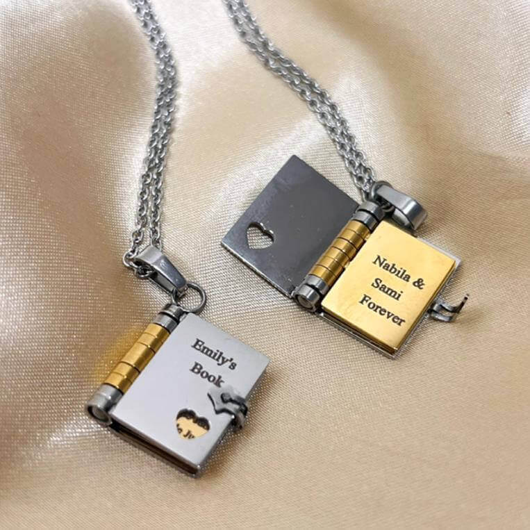 Personalized Book Locket Necklace with Customized Engraving Text