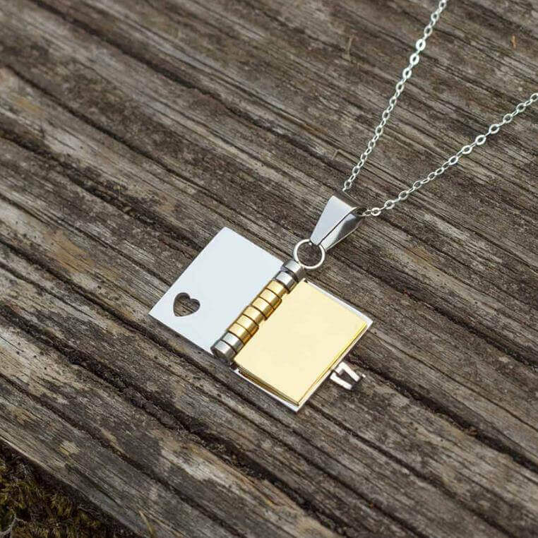 Personalized Book Locket Necklace with Customized Engraving Text