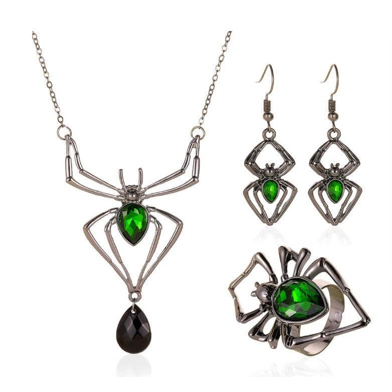 Spider Necklace Earring Ring Retro Emerald Set