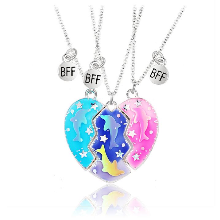 Set of 3 Best Friends Dolphin Heart Necklaces