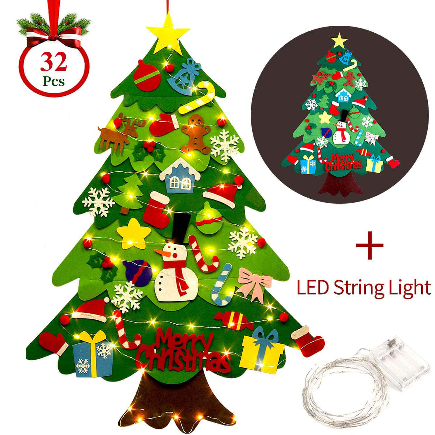 Kids DIY Felt Christmas Tree Kit with LED Ligiths